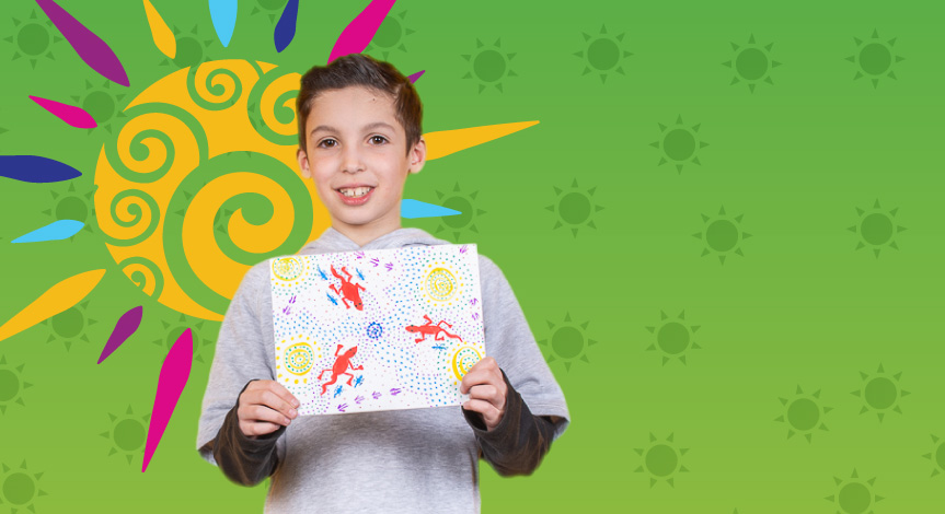 Boy holding a canvas with a red lizard after a Crayola Imagine Arts program. There is a colorful sun behind the boy